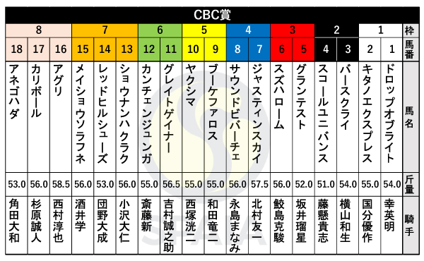 【CBC賞枠順】トップハンデ58.5kg背負うアグリは8枠16番　連勝中のキタノエクスプレスは1枠2番