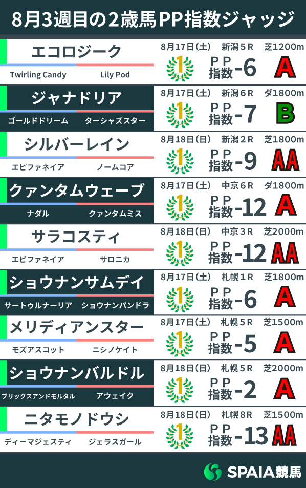 【2歳馬ジャッジ】ニタモノドウシが現2歳世代の芝部門最高指数を更新　サラコスティは好内容で勝利