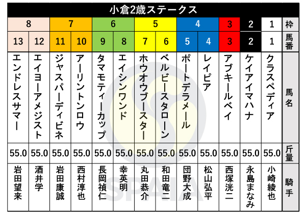 【小倉2歳S枠順】函館2歳S3着のエンドレスサマーは8枠13番　森秀行厩舎の外国産馬ジャスパーディビネは7枠11番