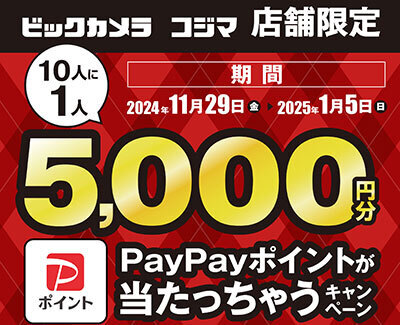 ビックカメラとコジマ、1000円以上の買い物で10人に1人、「5000円分のPayPayポイント」が当たるキャンペーン（BCN） -  Yahoo!ニュース