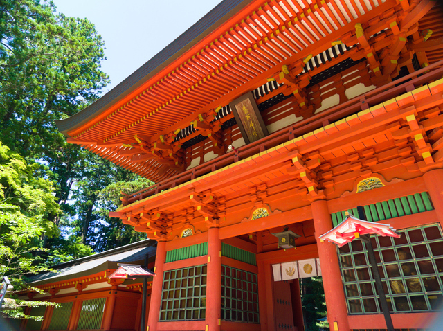 alt:歴史を感じさせる風格のある神社の社殿。鮮やかな朱色が目を引く。