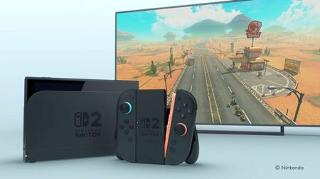 alt="Nintendo Switch 2の本体。旧型よりも少し大きめのサイズで、黒いカラーリングが特徴的です。"