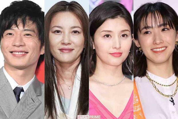 アンサンブル出演陣。左から田中圭、瀬戸朝香、橋本マナミ、中田クルミ