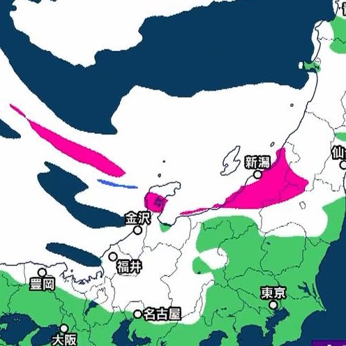 alt: 2月5日午後9時の降雪予想図。日本海側を中心に大雪が予想されている。