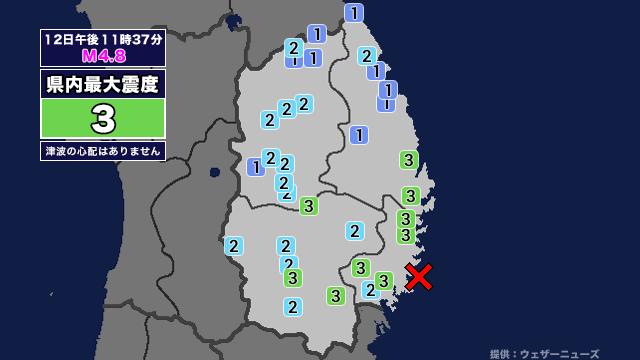 【地震】岩手県内で震度3 岩手県沿岸南部を震源とする最大震度3の地震が発生 津波の心配なし（岩手めんこいテレビ） 