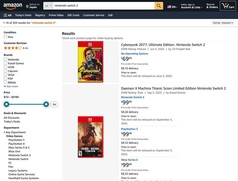 米国Amazonは「スイッチ2」を販売しない!?サードパーティー作 米国Amazonは「スイッチ2」を販売しない!?サードパーティー作