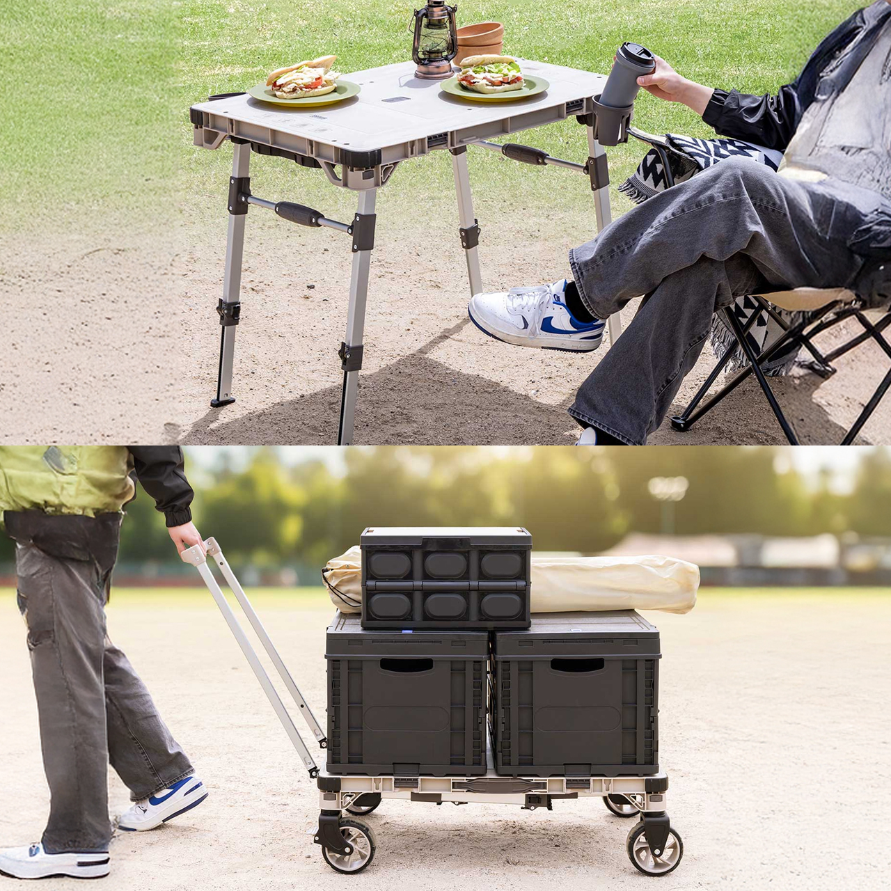 【新品】4WAY 折りたたみ テーブル コンテナ キャリーボックス 50L キャンプ用品の収納・運搬・ベンチ・テーブルが1台で完結