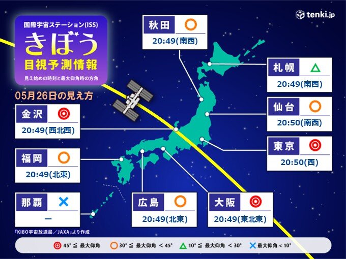 すんたん様　26日希望 今週は「きぼう」が日本上空を毎日通過 今日26日は近畿や北陸