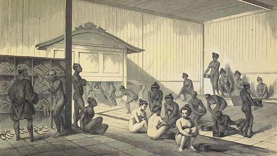 1854年、ペリー来航時に描かれた下田の湯屋。江戸時代の入浴文化を伝える。