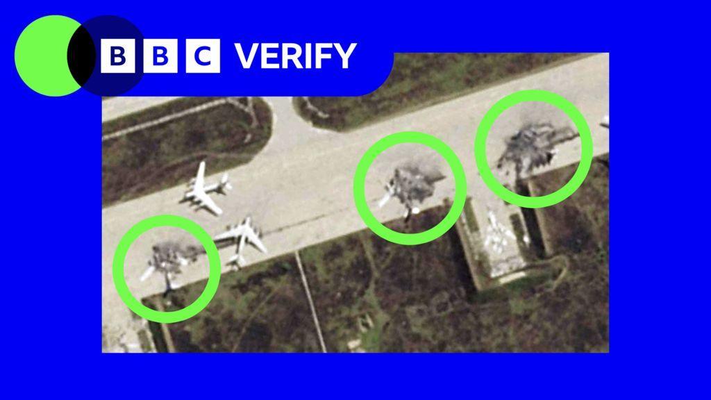 ウクライナのドローン攻撃により損傷したロシアの航空機を示す衛星画像