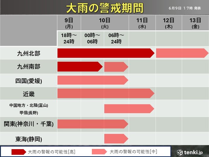 日本各地の警報級大雨の警戒期間を示した地図