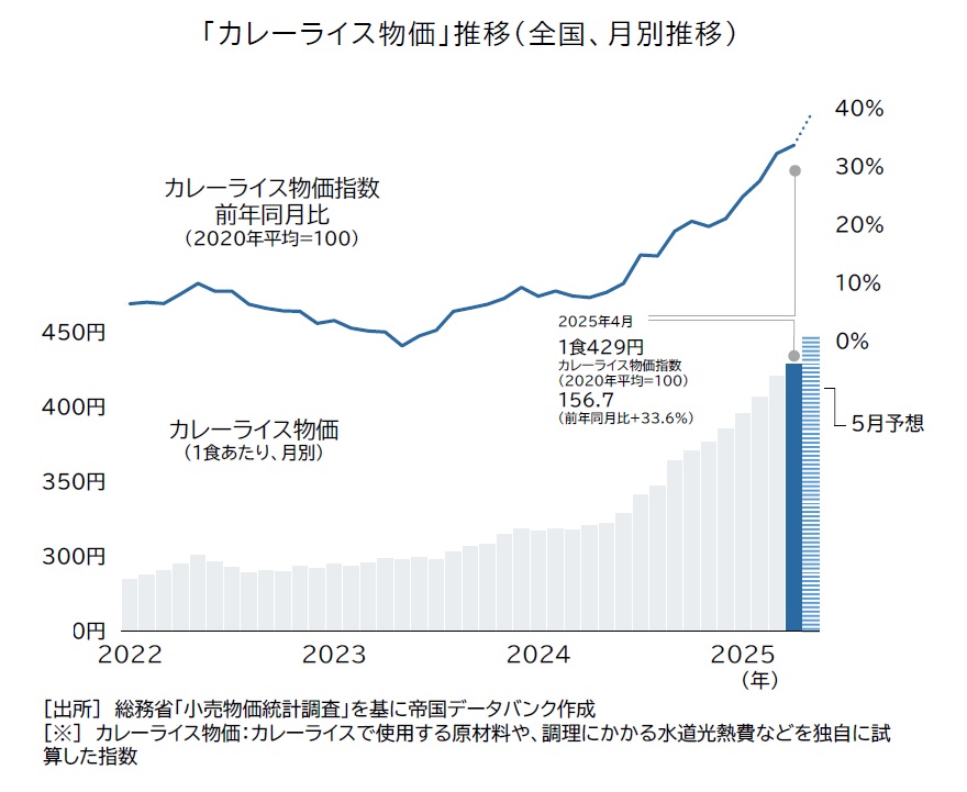 2025年4月までのカレーライス物価と物価指数の上昇率を示すグラフ（全国平均）
