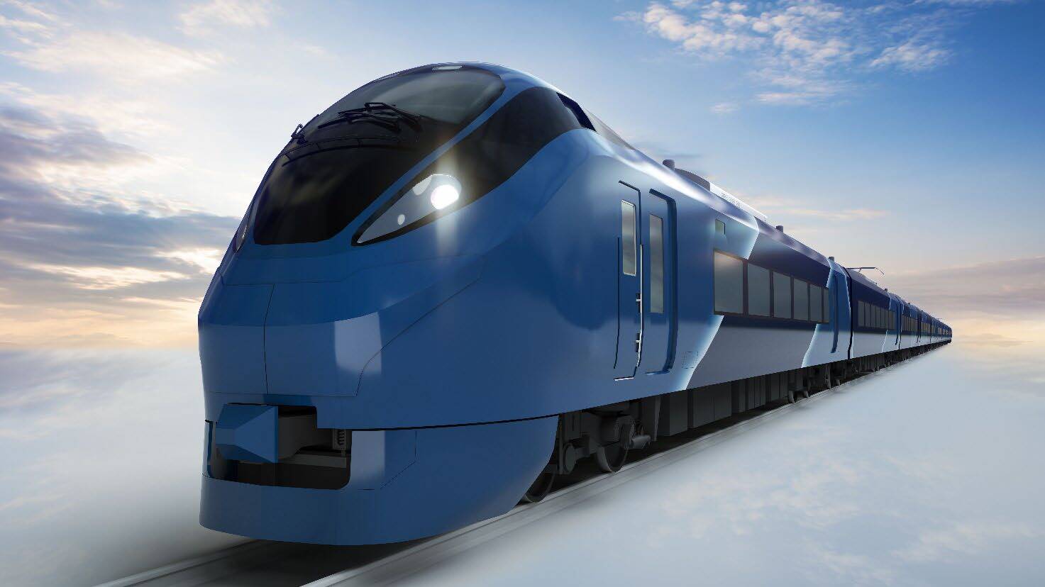 JR東日本が導入する新たな夜行特急列車（E657系改造）の外観イメージ。ブルートレインの記憶を受け継ぐ青と夜明け前の濃紺が表現されている。