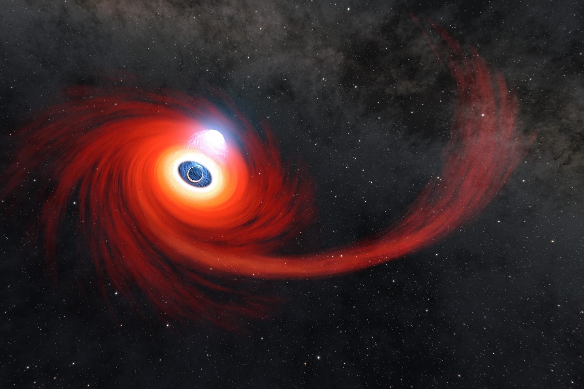 宇宙最強爆発現象ENTのメカニズム：ブラックホールによる恒星の潮汐破壊の想像図