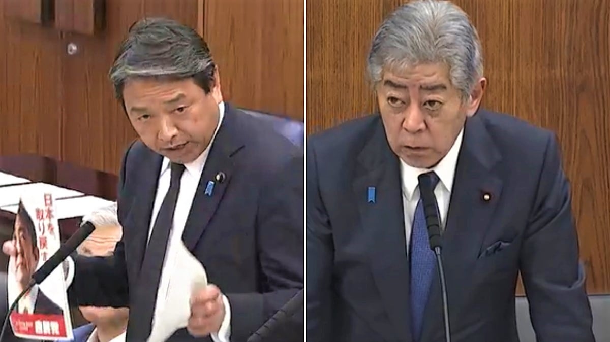 参院外交防衛委員会で質疑を行う国民民主党の榛葉賀津也幹事長と岩屋毅外相