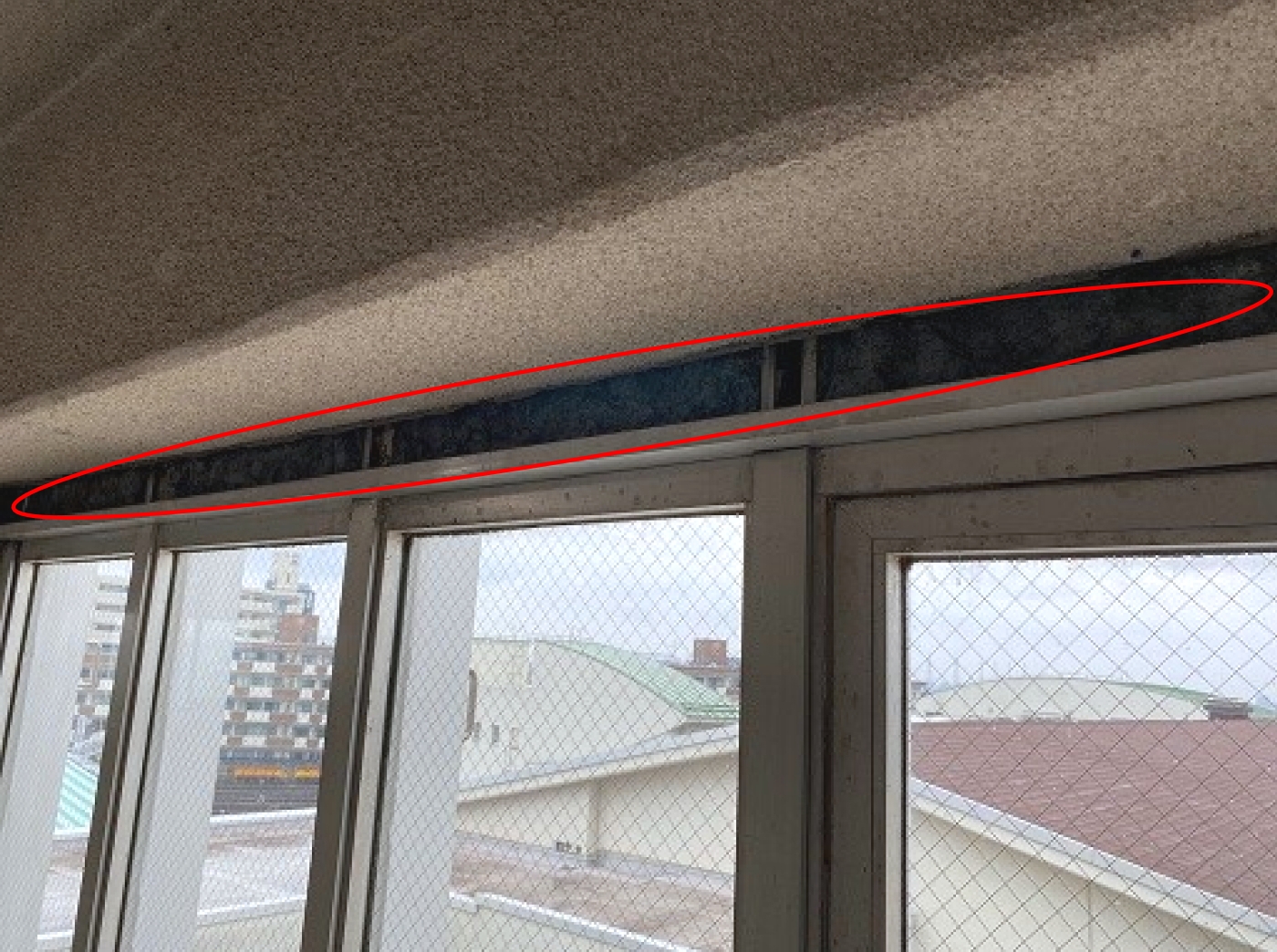堺市鳳南小学校の北校舎西側階段室最上階で露出した、高濃度青石綿を含む吹き付けアスベスト箇所。