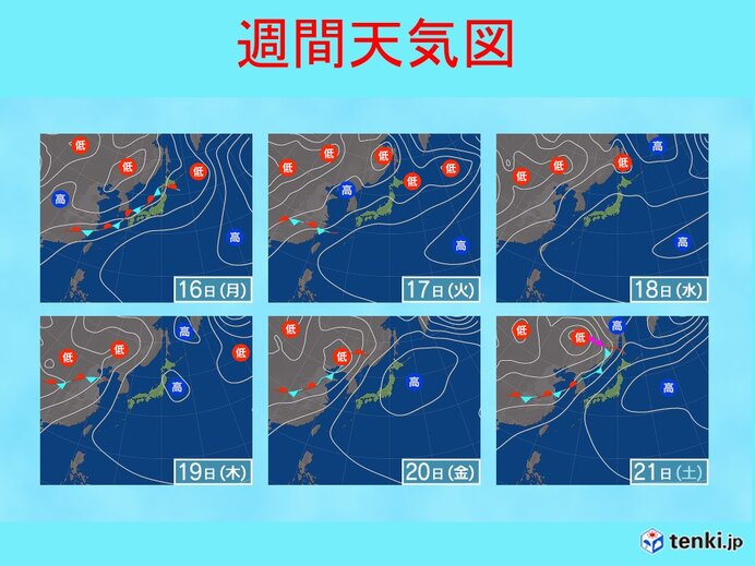 太平洋高気圧が本州に張り出す気圧配置の予想図