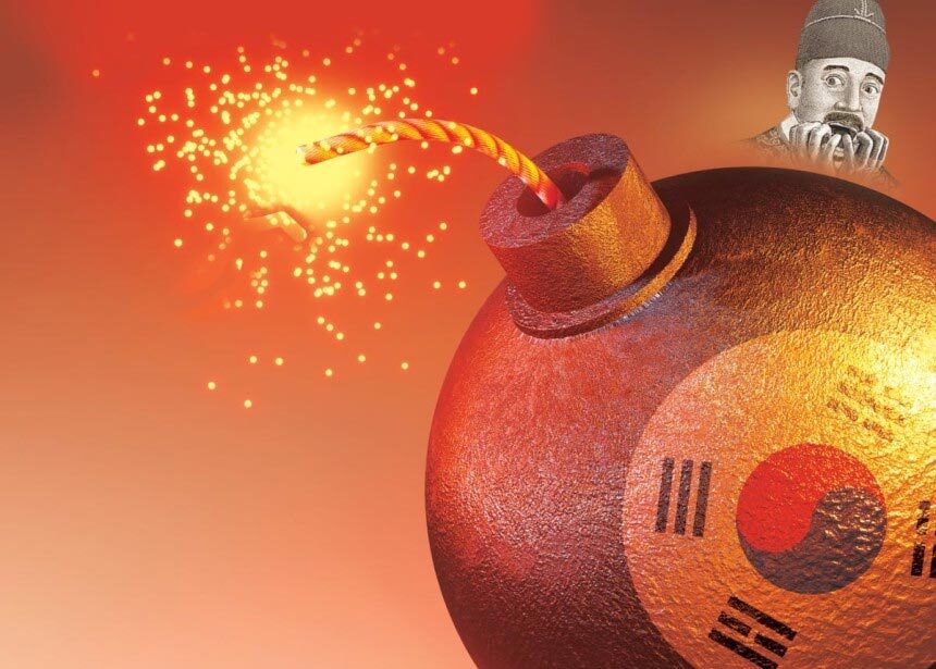 韓国と日本の民間債務対GDP比の推移比較を示すグラフィック