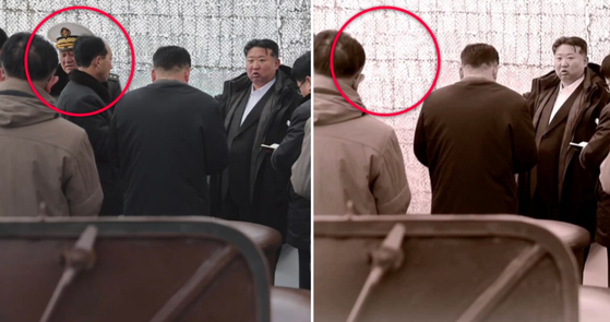 北朝鮮 駆逐艦事故後、メディアから削除された金明植海軍司令官とホン・ギルホ清津造船所長の姿を比較する朝鮮中央テレビの映像