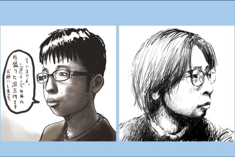 ネットミーム「チー牛」イラスト作者、いびりょさんの2008年と最近の自画像を比較した画像。左が若い頃の自画像、右が現在の自画像。
