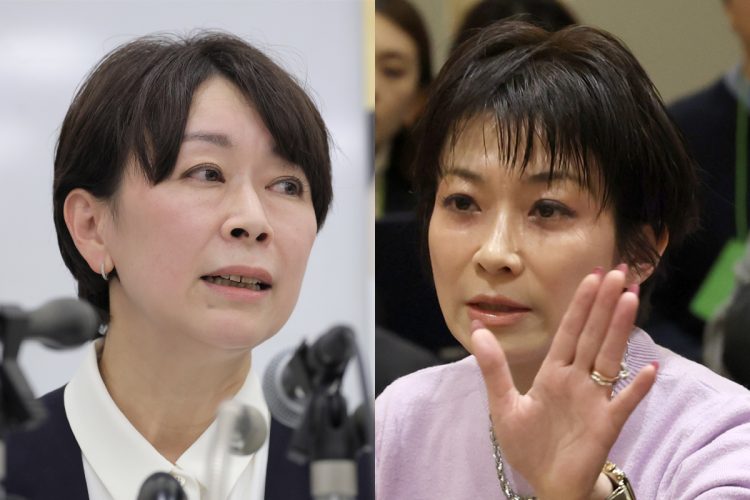 国民民主党の山尾志桜里氏（左）と東京新聞の望月衣塑子記者（右）が記者会見で並ぶ様子