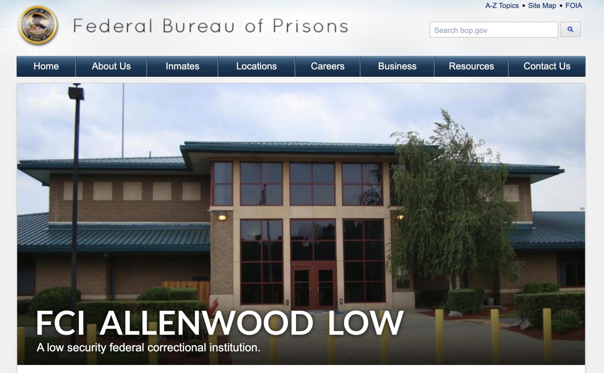 米国連邦刑務所局（BOP）公式サイトのスクリーンショット。受刑者情報が公開されている