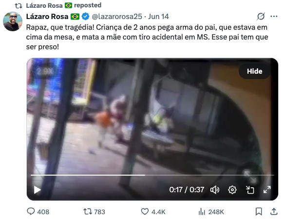 《ブラジル》2歳児が銃もてあそび母を誤射＝父がスマホに見とれている間に