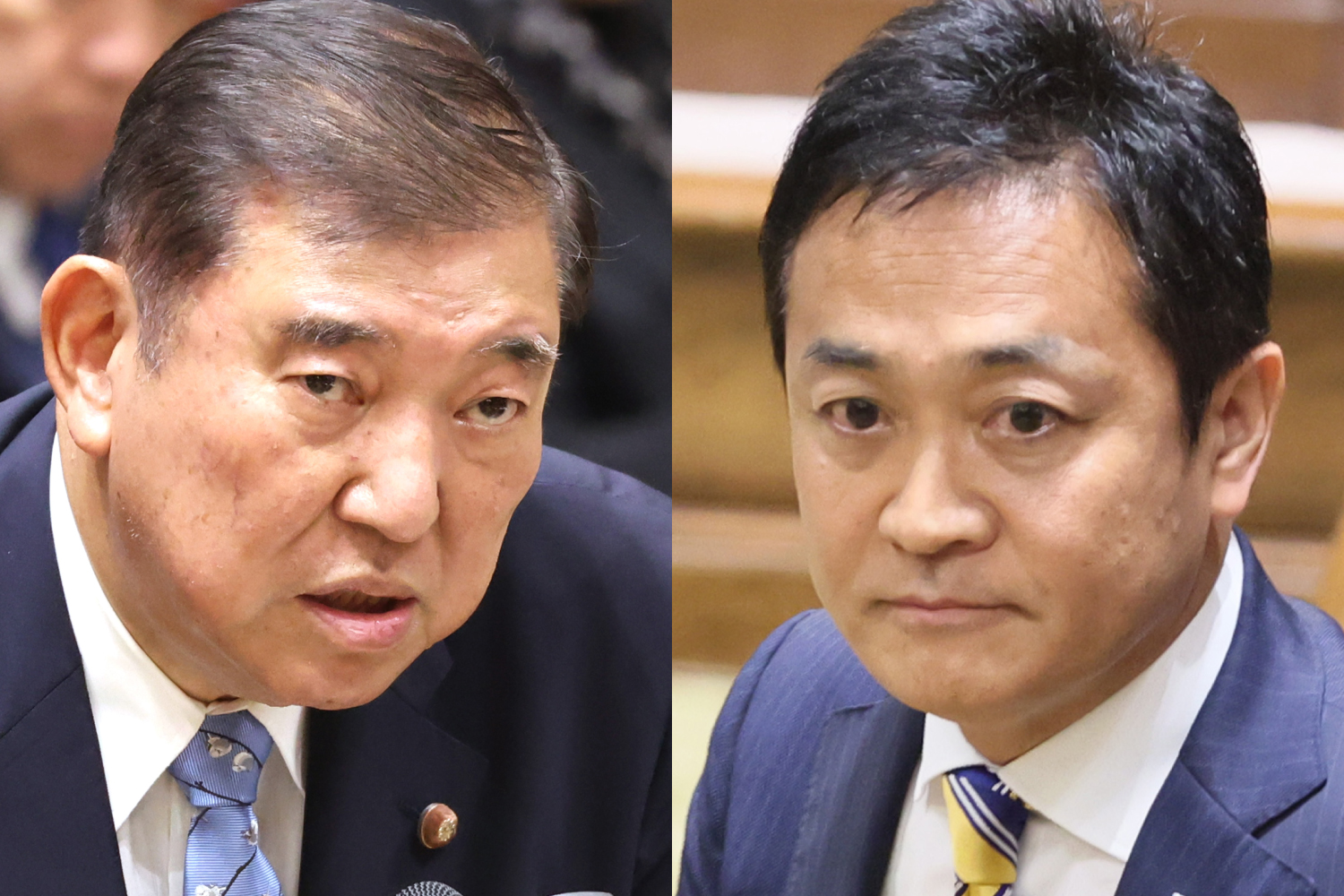党首討論に臨む石破茂首相（左）と国民民主党の玉木雄一郎代表