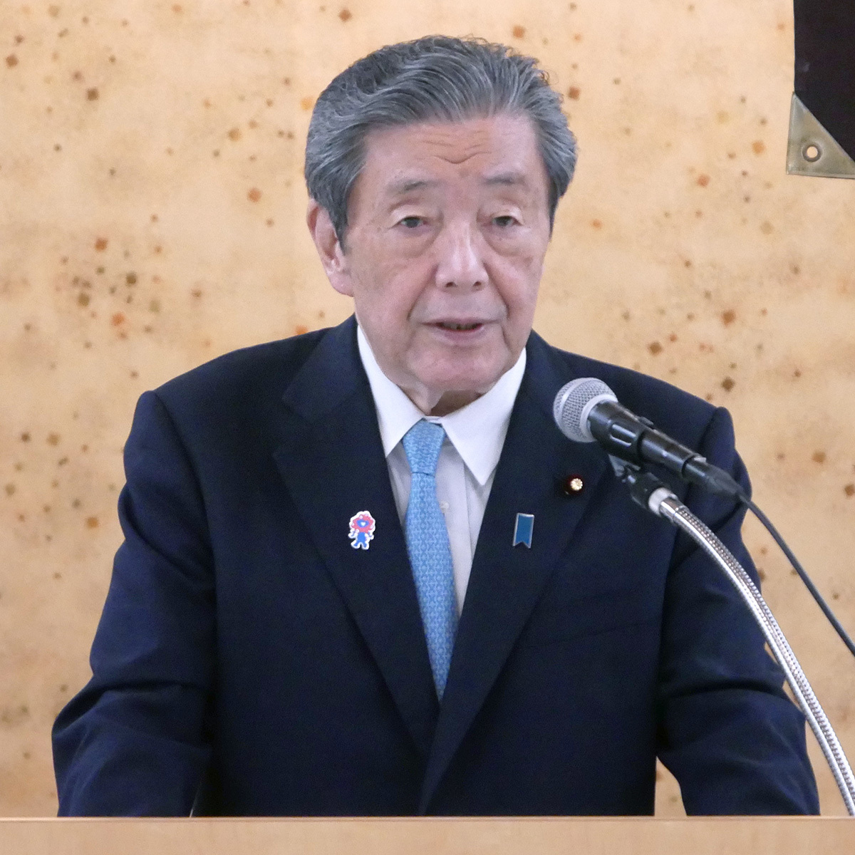 鹿児島県での党会合で消費税維持の重要性を強調する自民党の森山裕幹事長