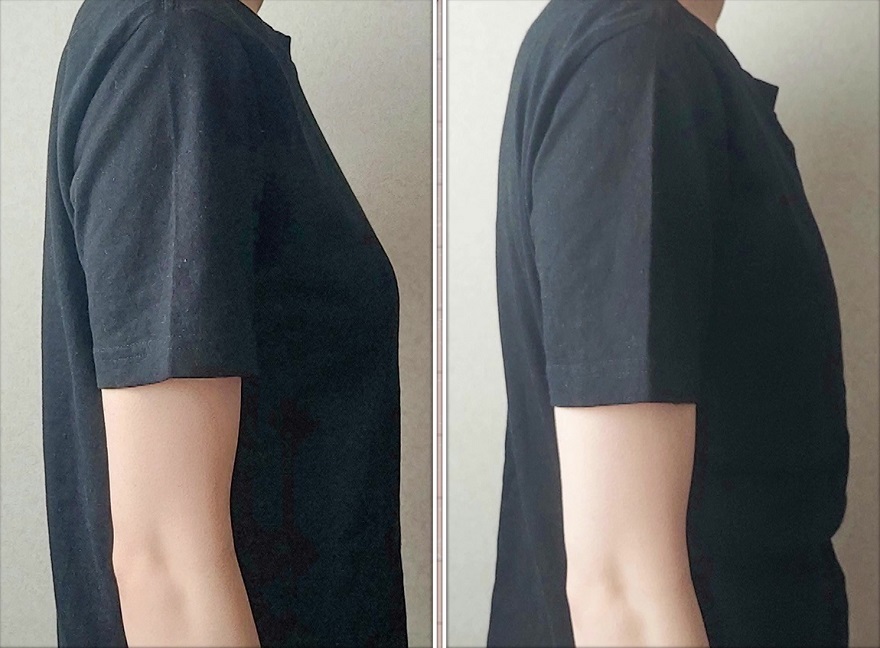 開発した「胸を平らに見せる下着」の着用効果 着用前（左）と着用後（右）の比較写真