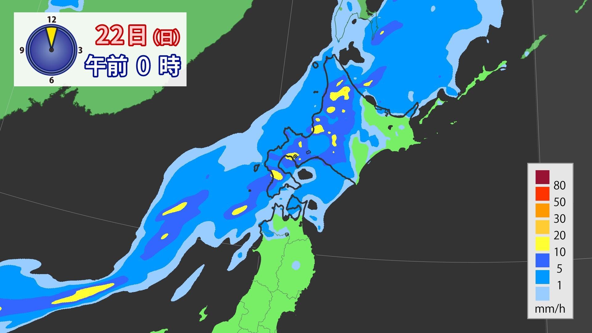 22日午前0時における梅雨前線に伴う雨雲の予想図。特に北海道付近に活発な雨雲が見られます。