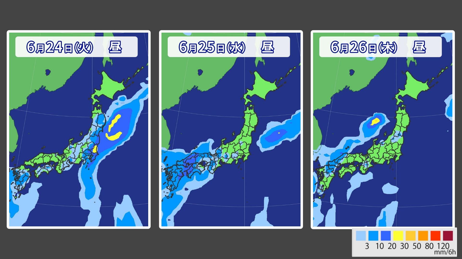 24日から26日にかけての雨雲予想。梅雨前線が本州付近に停滞し、広い範囲で雨が予想されています。