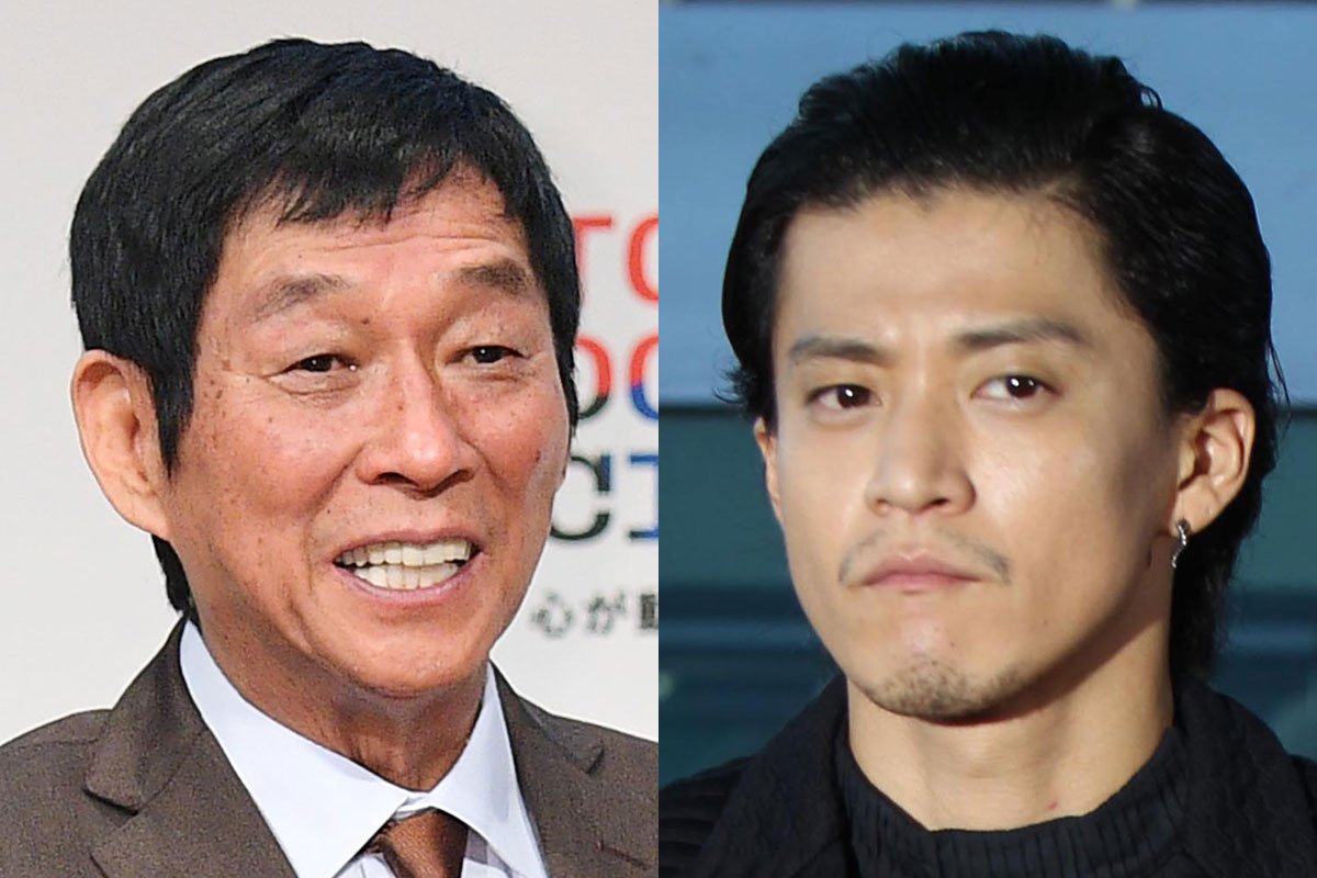ラジオで明かされた堂安律選手の結婚式でのエピソードに関連する、明石家さんま氏（左）と小栗旬氏の写真