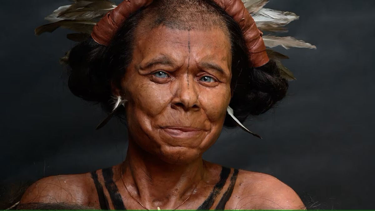 ベルギー、マルゴー洞窟で発見された中石器時代の女性の顔復元図。古代DNA分析により、肌の色が示唆されたより明るく、青い目を持っていた可能性が示されている。