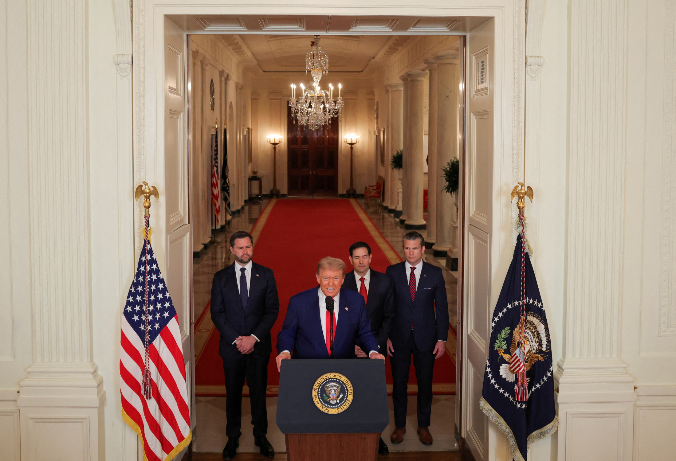 2025年6月21日、ホワイトハウスでイラン核施設への攻撃成功について演説するトランプ米大統領
