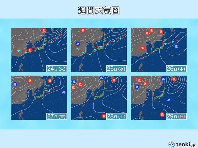 日本列島付近の天気図：梅雨前線と太平洋高気圧の様子