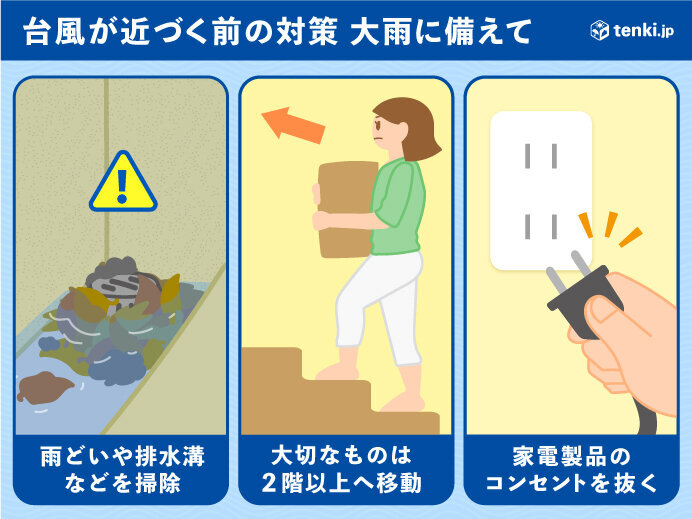 台風大雨に備える対策イメージ：排水溝掃除や家財道具の高所移動など