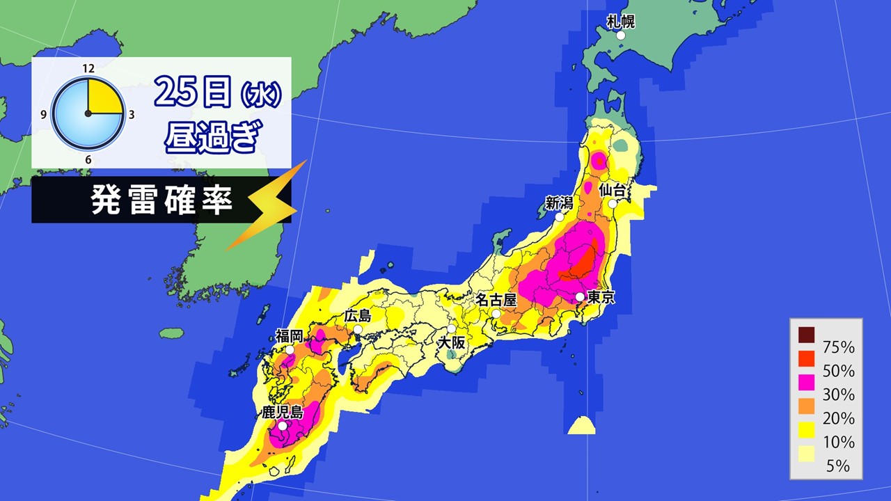 西日本から東北 25日（水）午後も局地的に雷雲発達 関東などで