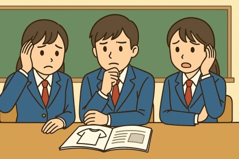 オンラインでクラTを注文する生徒たちのイラスト、トラブル発生のイメージ