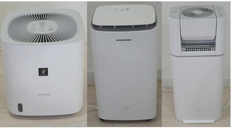 シャープ、シロカ、アイリスオーヤマの衣類乾燥除湿機3機種（左からCV-T60、SDC-10D171、IJDI50-WH）の写真