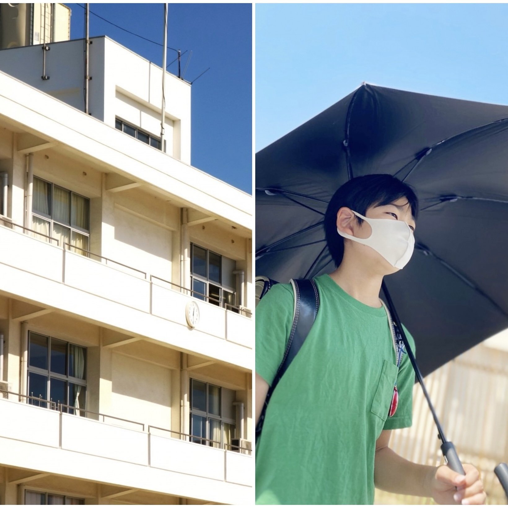 暑い夏、通学中に日傘を使う小学生