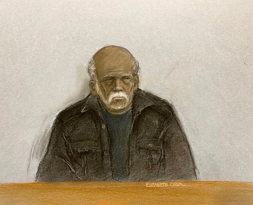 英国の法廷で終身刑を言い渡された、1967年殺人事件の92歳被告ライロンド・ヒドリー氏の法廷スケッチ