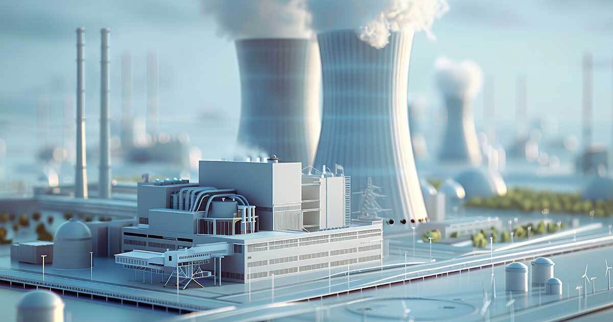 日本のエネルギーインフラ、柏崎刈羽原子力発電所を連想させる原子力施設のイメージ。再稼働を巡る議論の背景。