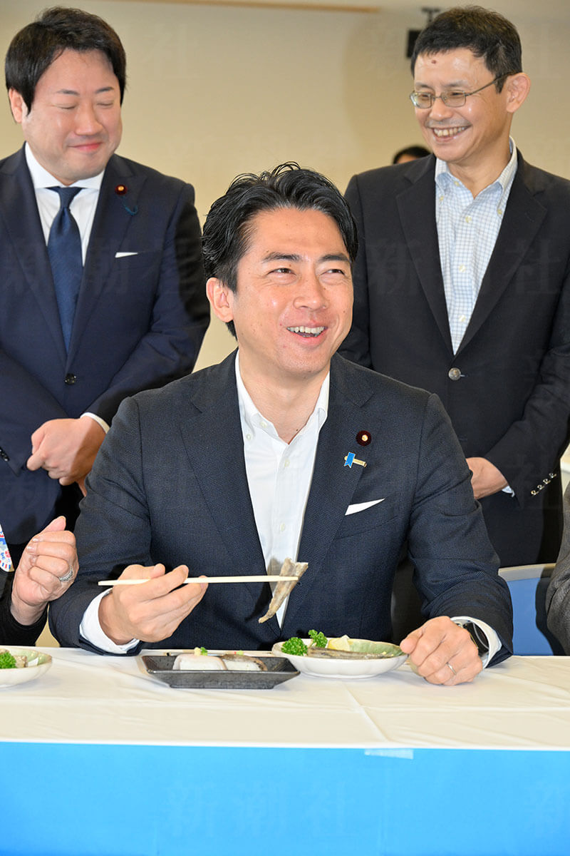 田んぼで稲の生育状況を見る小泉進次郎農林水産大臣。農業機械リースに関する発言が農家の間で波紋を広げている様子。