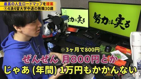 藤井さん（仮名）が節約系YouTuber「倹者の流儀」のくらま氏と面談する様子。収入が少ない現状でも浪費はしていないと語った。