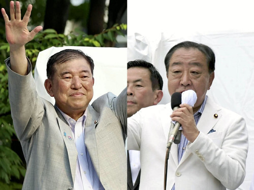 参院選神奈川選挙区の街頭演説で有権者に訴えかける石破首相（左）と演説する立憲民主党の野田代表（右）。物価高対策などが争点となった選挙戦序盤。