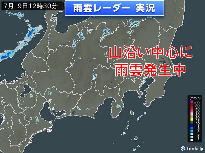 本日午後5時時点での関東甲信地方の落雷発生確率を示す天気図