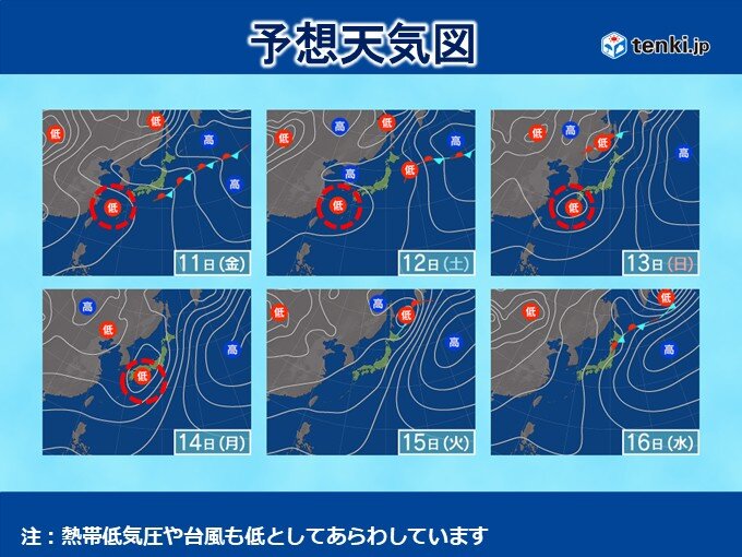 東北付近に停滞し日本に影響を及ぼし始めた梅雨前線と気圧配置の天気図