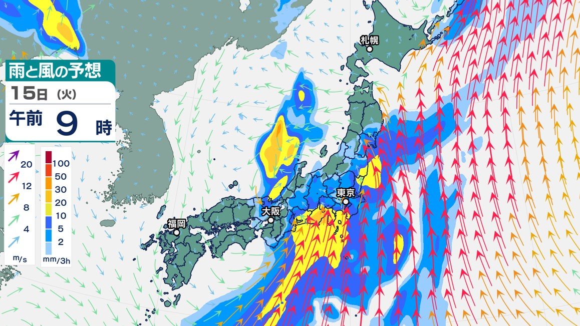 台風のたまご（熱帯低気圧）から発達する台風5号の予想進路と、大雨が警戒される範囲