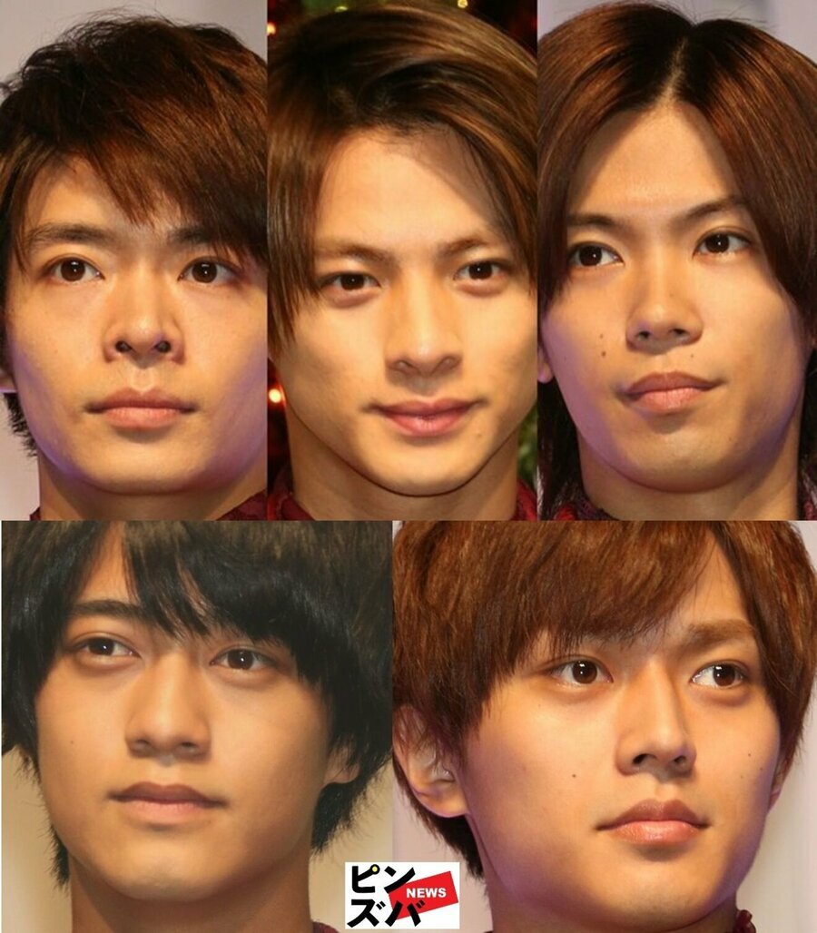 旧ジャニーズ事務所を脱退しNumber_iを結成した岸優太、平野紫耀、神宮寺勇太（上）と、King & Princeとして活動を続ける高橋海人、永瀬廉（下）。